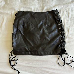 White fox mini leather skirt with tie up sides